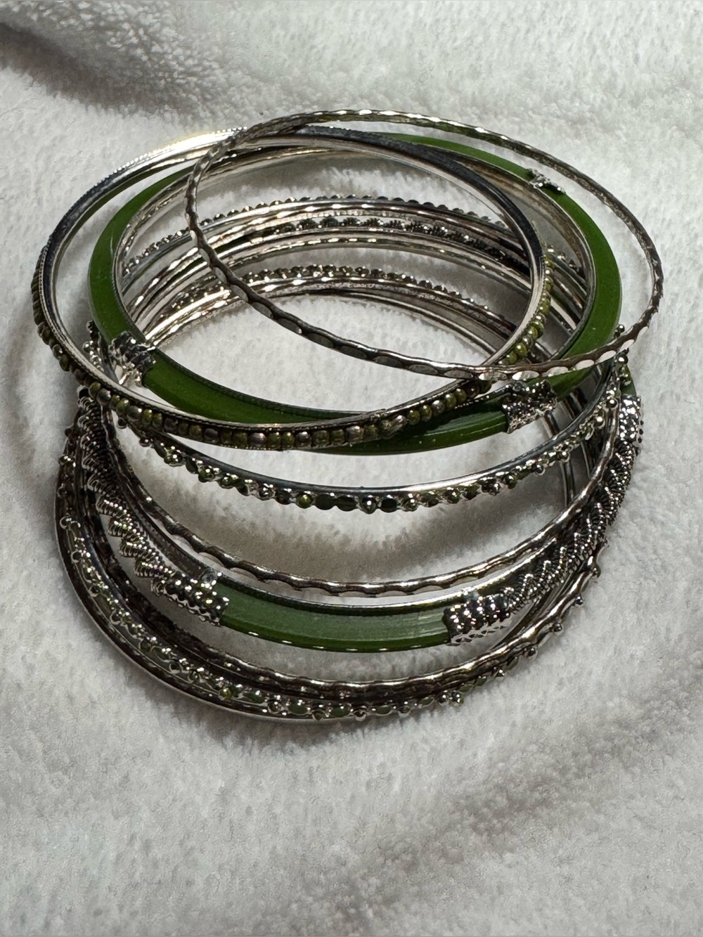 Olive Green & Silver-tone 9-Pc Bangle Bracelet Stack Set